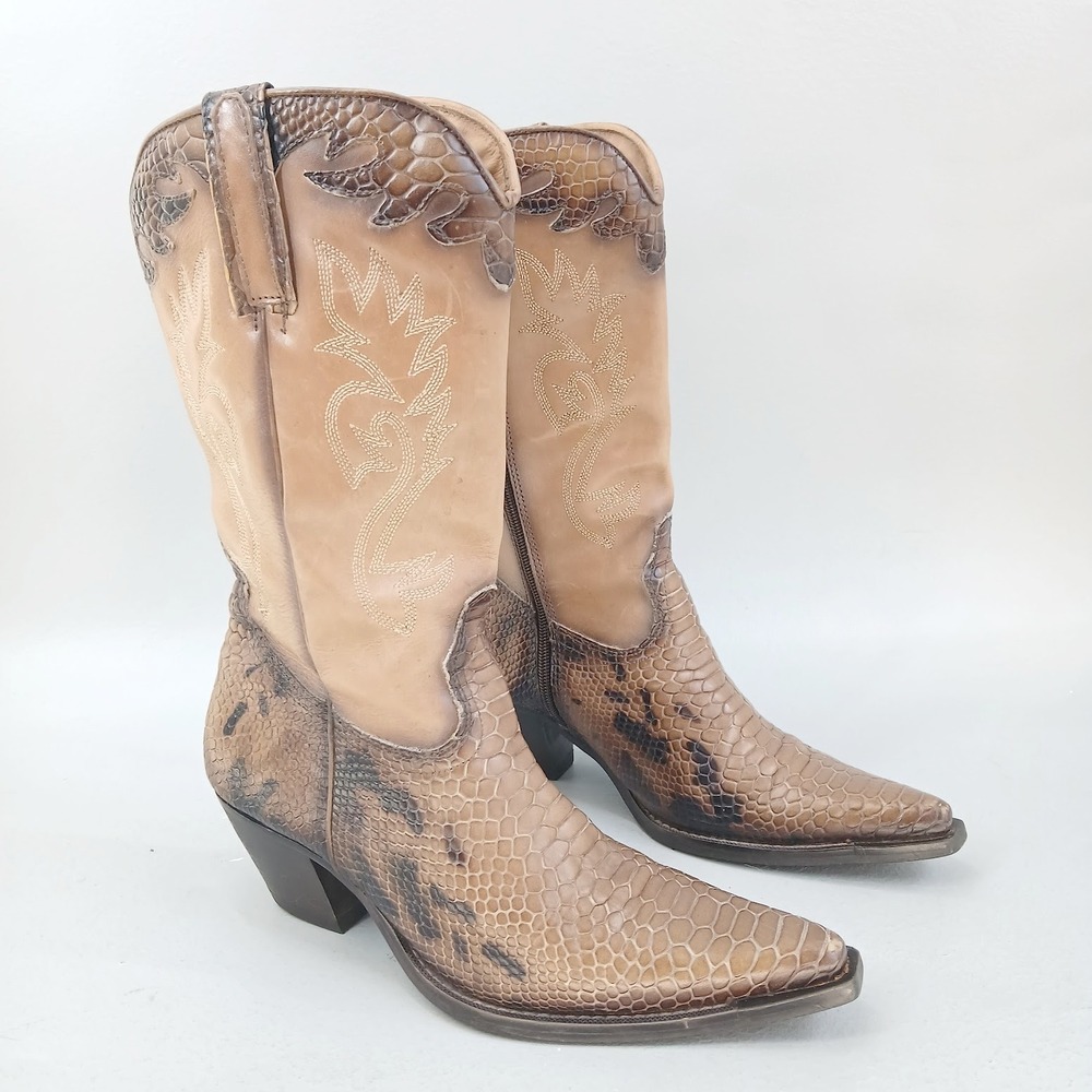 Tucson Boots Western Cowgirl Boots Womens 37/6 Tan Faux Snakeskin Leather Zipper